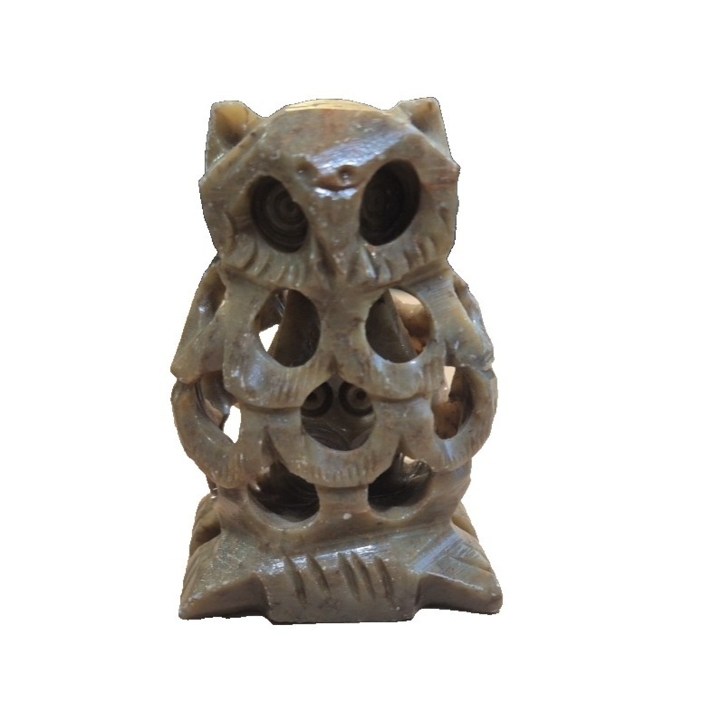Marble Carved Stone Owl Figurine with Baby Owl Inside Cut‎ Out All Around 2.75''